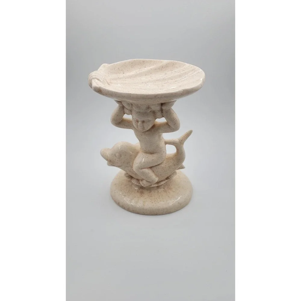 Vintage MCM Holland Mold Cherub Boy on Dolphin Pedestal Soap Dish Sand Speckled